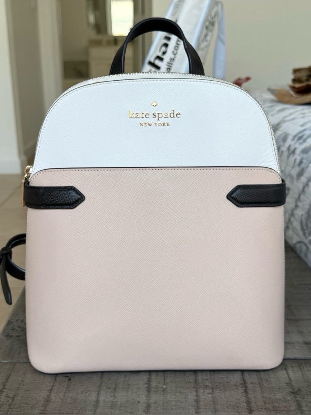 New Kate Spade Staci Saffiano Leather Dome Backpack Warm Beige Multi